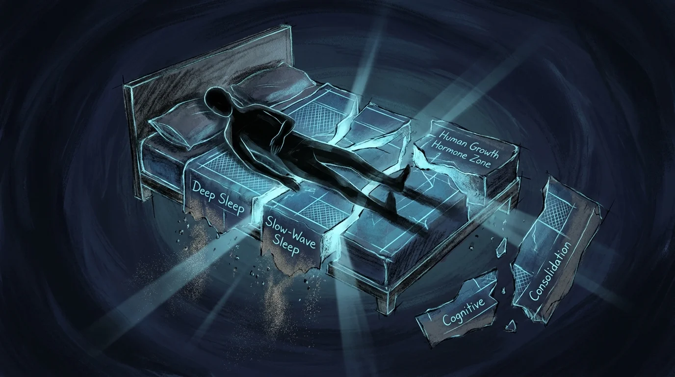 A conceptual illustration of a person sleeping on crumbling architectural blueprints labeled with sleep stages.