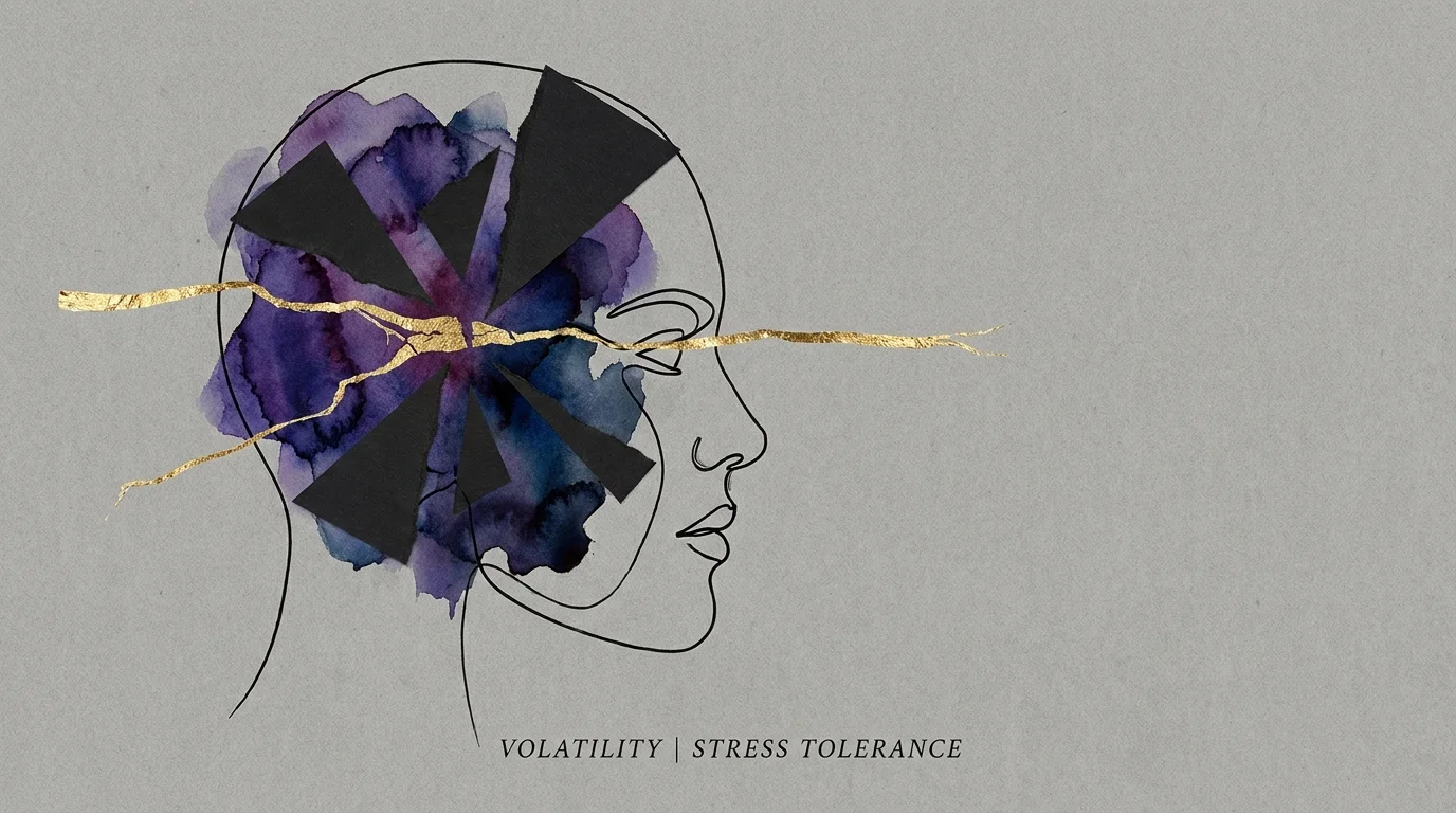 A conceptual illustration of a profile head filled with jagged shapes and soft watercolors, representing emotional volatility.