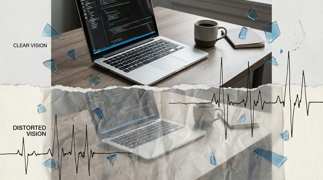 A conceptual image showing a clear desk scene partially obscured by a blurry overlay and jagged ink lines representing eye twitching.
