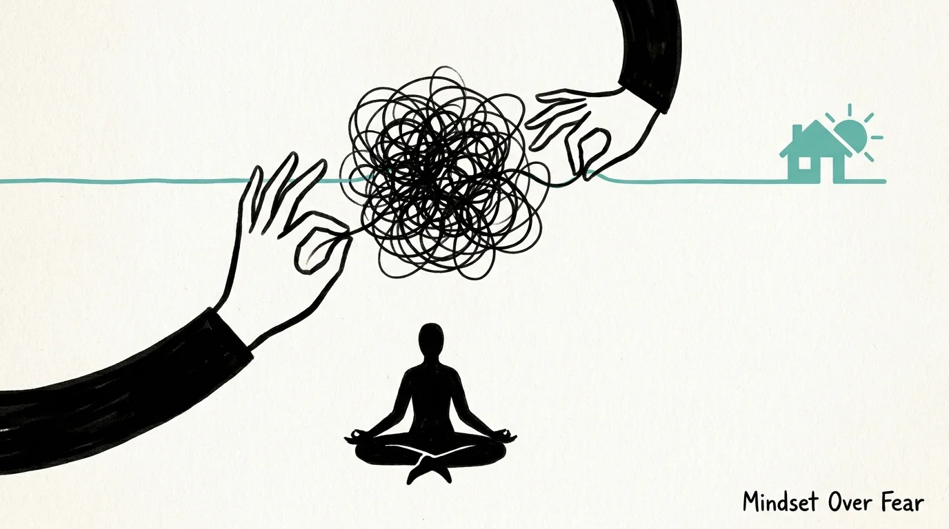 A conceptual ink drawing showing chaotic lines being straightened into a calm path, representing anxiety reduction.