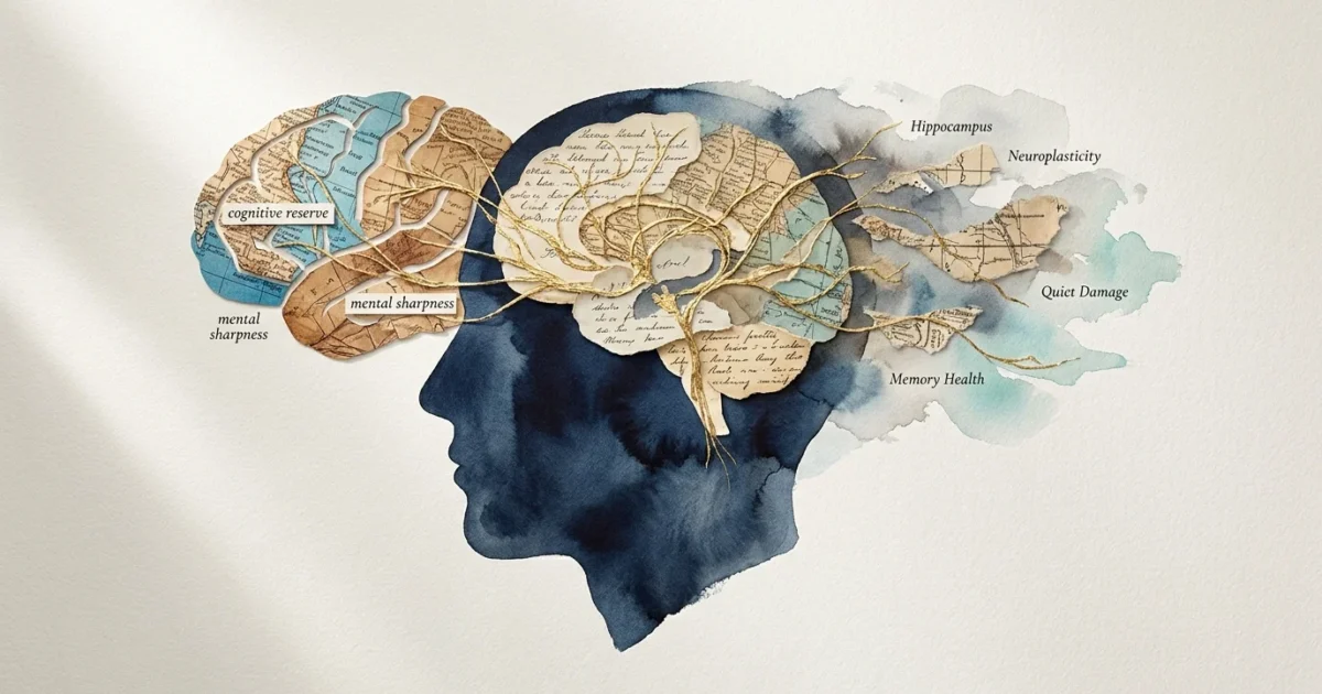 A conceptual mixed media collage of a human head silhouette filled with textures like maps and gold threads, partially dissolving on one sid