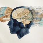 A conceptual mixed media collage of a human head silhouette filled with textures like maps and gold threads, partially dissolving on one sid