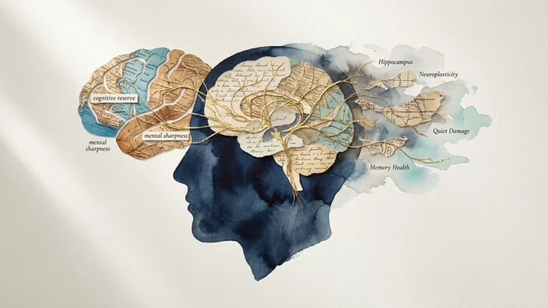 A conceptual mixed media collage of a human head silhouette filled with textures like maps and gold threads, partially dissolving on one sid