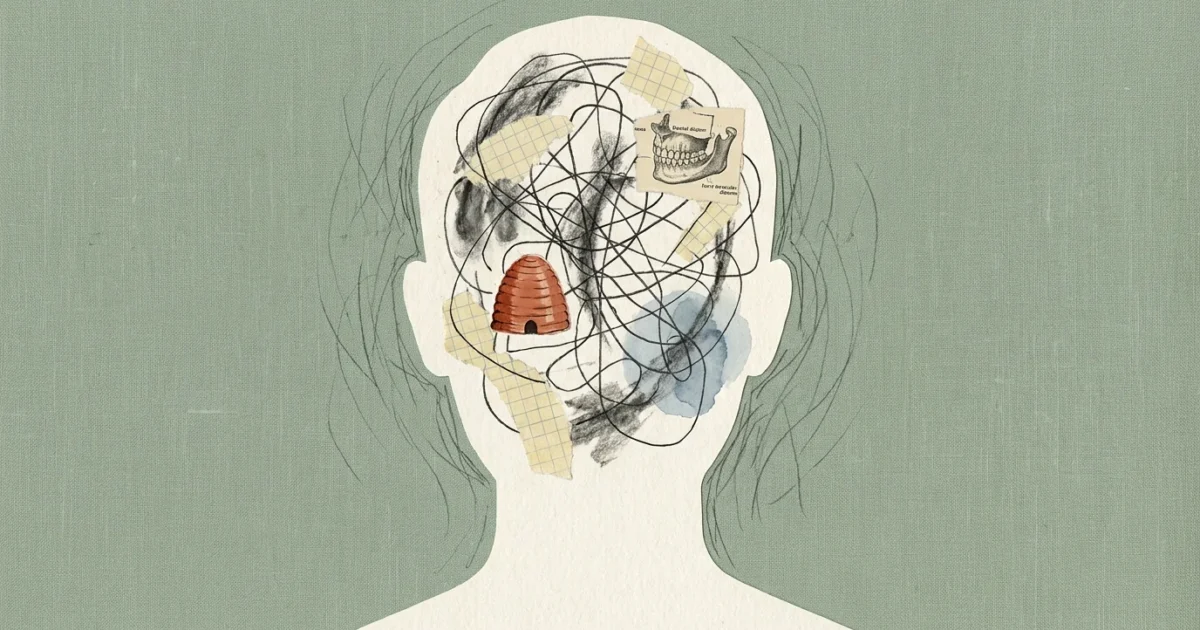 A conceptual mixed media collage of a human silhouette filled with abstract textures, ink lines, and symbolic health icons on a green backgr