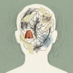 A conceptual mixed media collage of a human silhouette filled with abstract textures, ink lines, and symbolic health icons on a green backgr