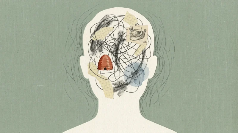 A conceptual mixed media collage of a human silhouette filled with abstract textures, ink lines, and symbolic health icons on a green backgr