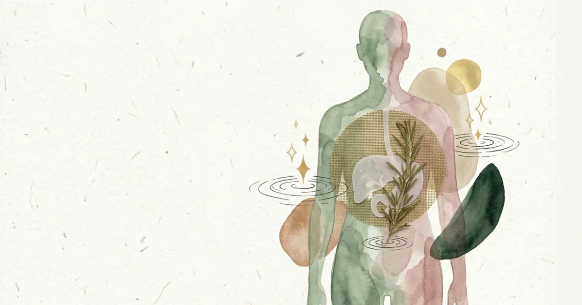 A conceptual mixed-media collage showing a human silhouette with a glowing green liver shape, symbolizing health and natural filtration.