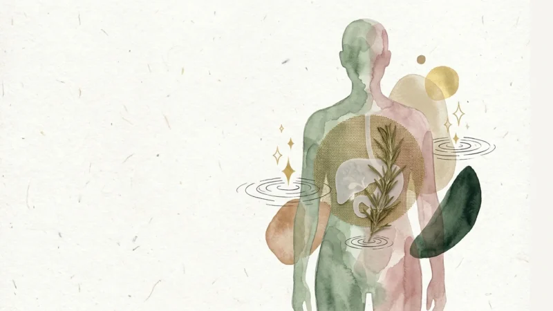 A conceptual mixed-media collage showing a human silhouette with a glowing green liver shape, symbolizing health and natural filtration.