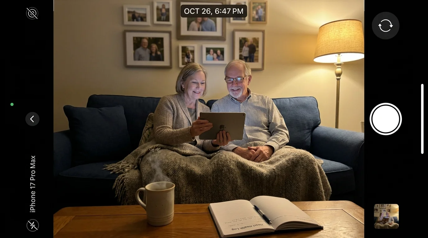 A couple sitting on a sofa with a tablet and a heart health journal on the table.