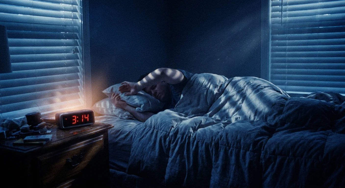 A dark bedroom at night with a digital clock showing 3:14 AM, and a person lying restlessly in bed under blue moonlight.