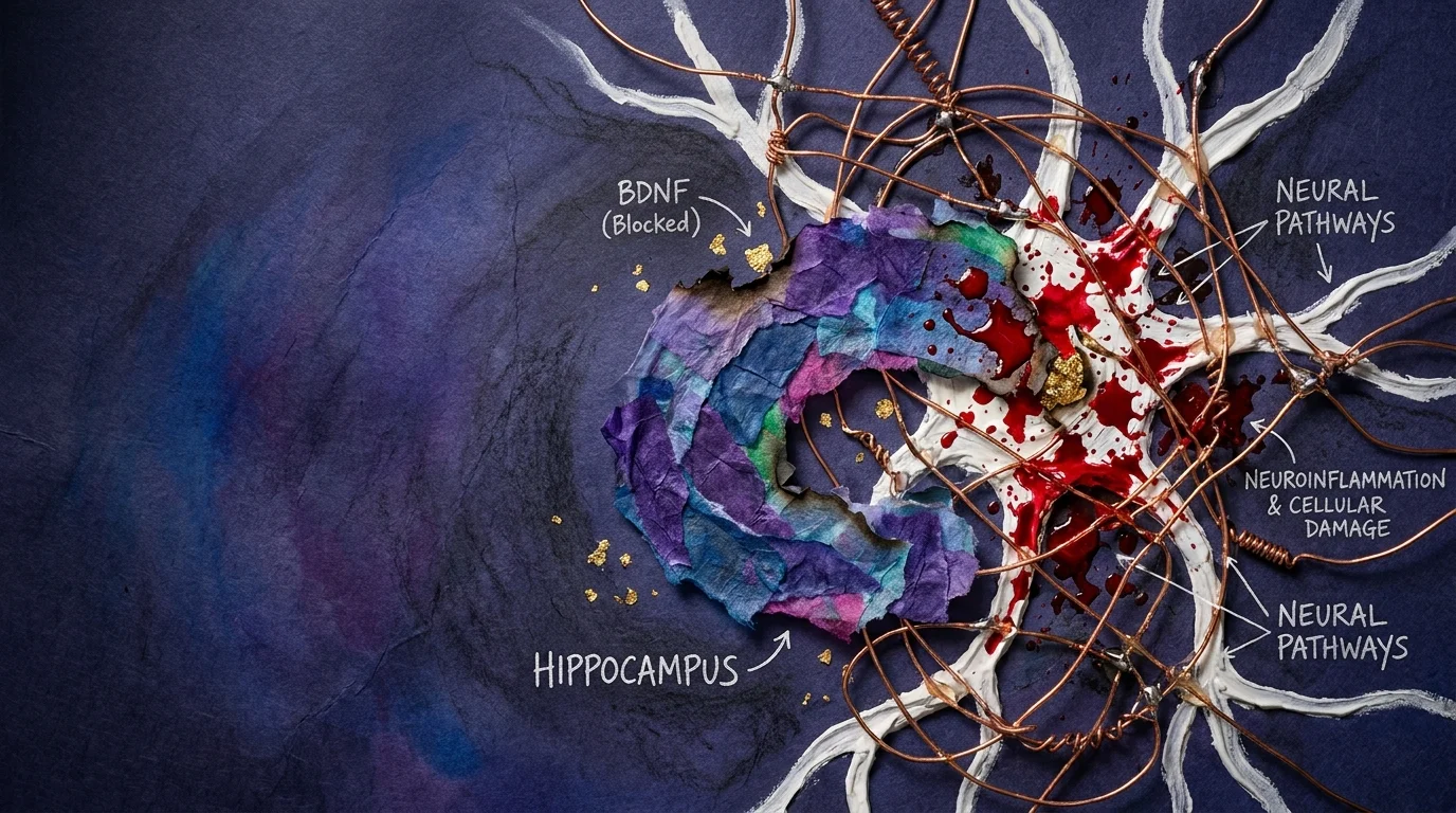 A dark mixed media collage showing a glowing purple hippocampus structure being encroached upon by red ink splatters and tangled wires.