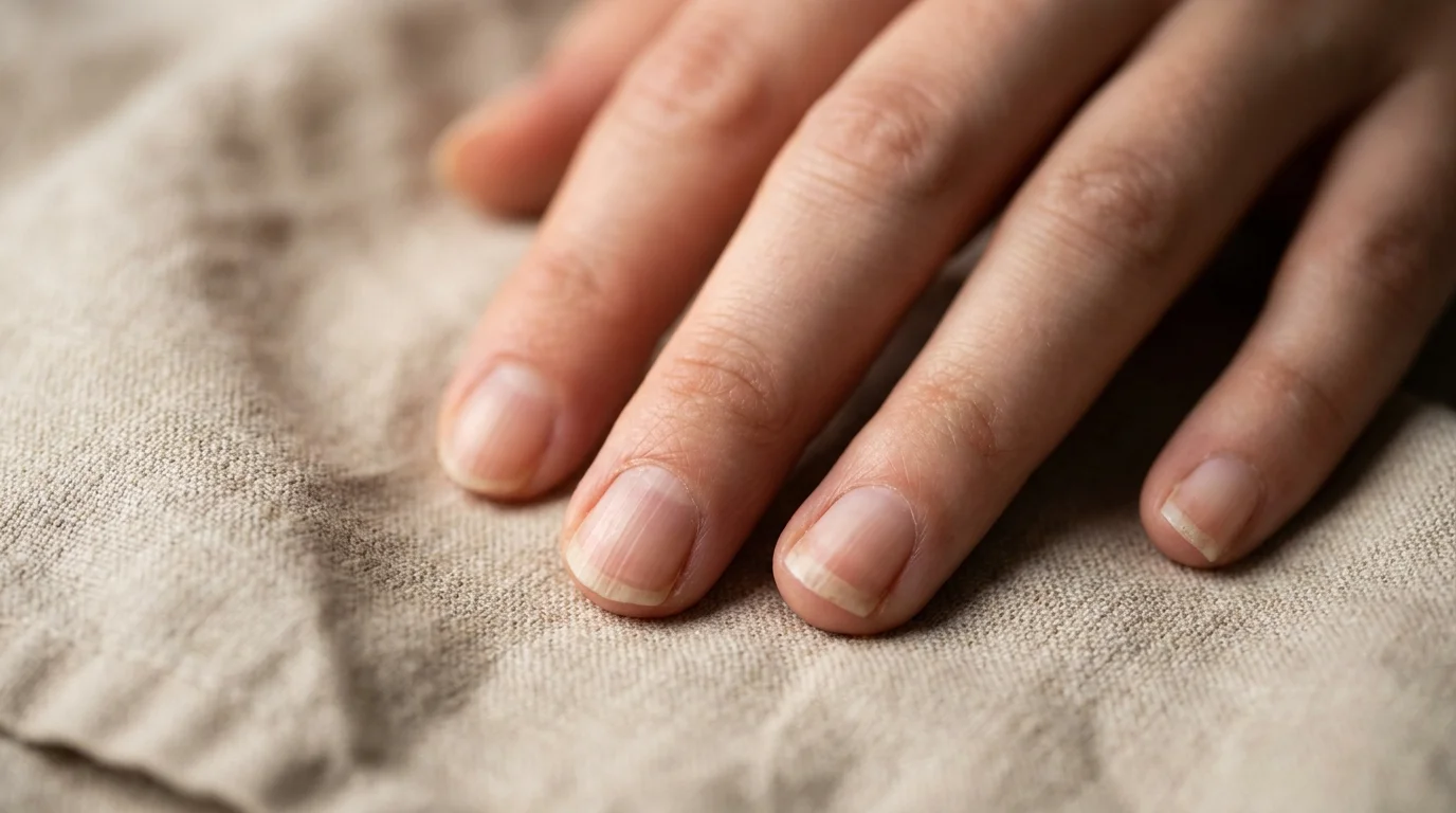 A detailed close-up of fingernails showing vertical ridges and texture, serving as a visual record of nutritional status.