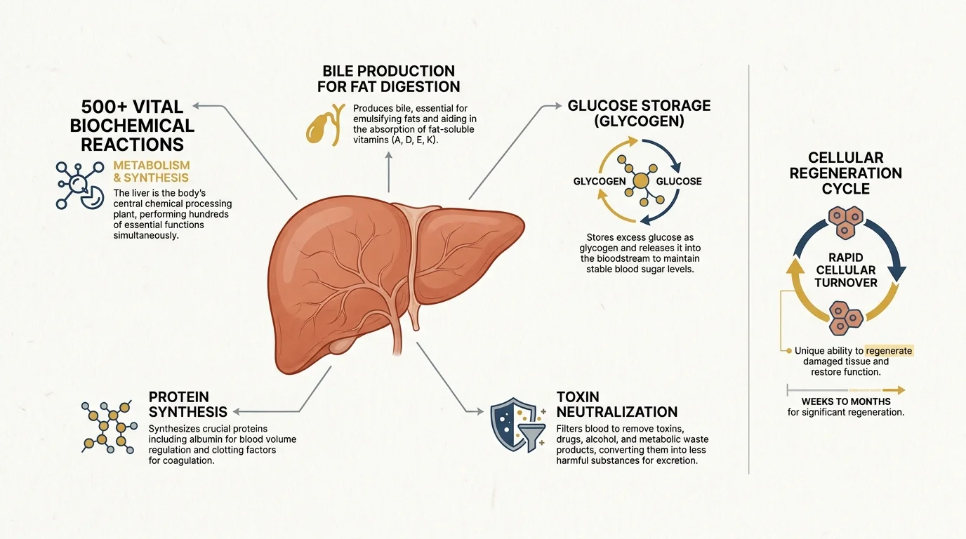 A detailed scientific diagram labeling the liver's primary functions including 500+ vital reactions and bile production.
