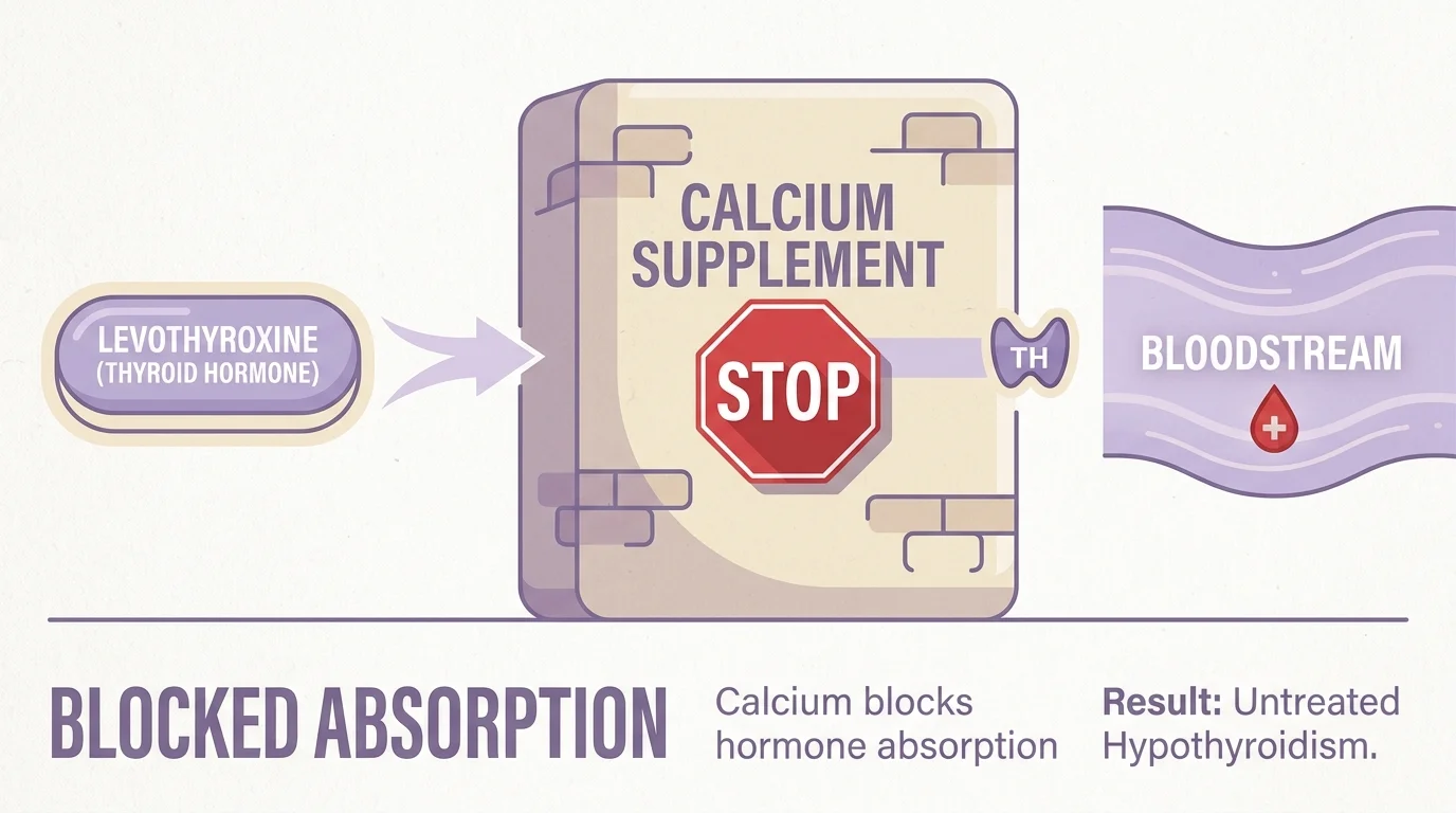 A diagram showing how calcium supplements act as a barrier to the absorption of thyroid medications.