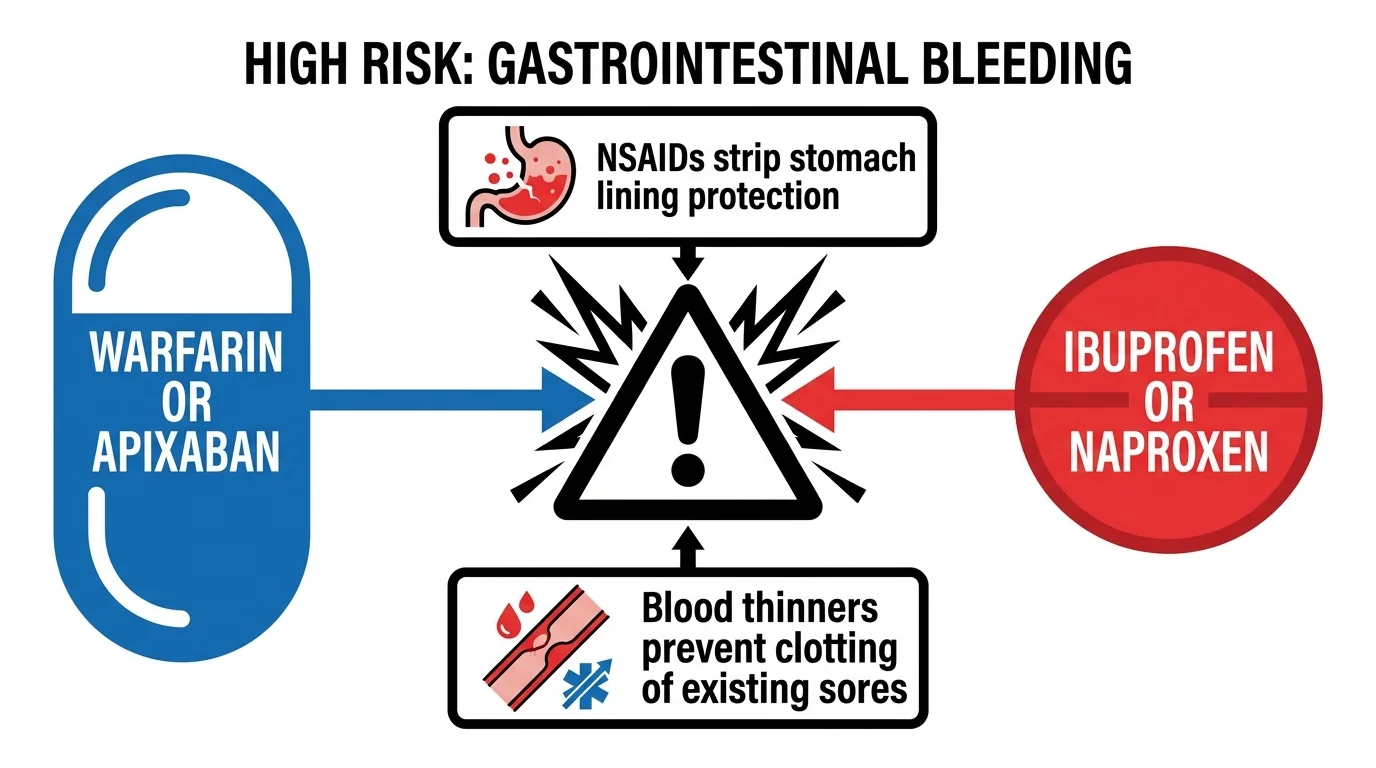 A diagram showing how mixing blood thinners and NSAIDs leads to a high risk of internal bleeding.
