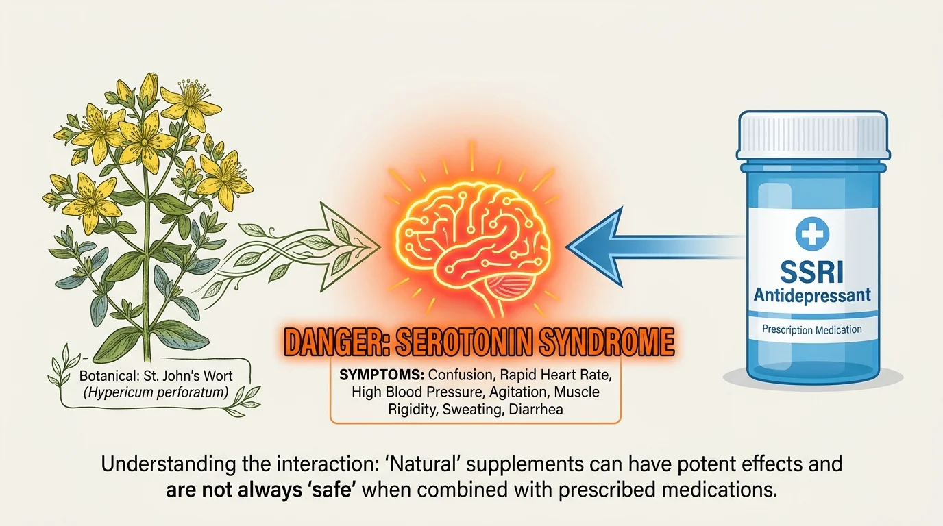 A diagram showing the dangerous interaction between St. John's Wort and SSRI antidepressants.