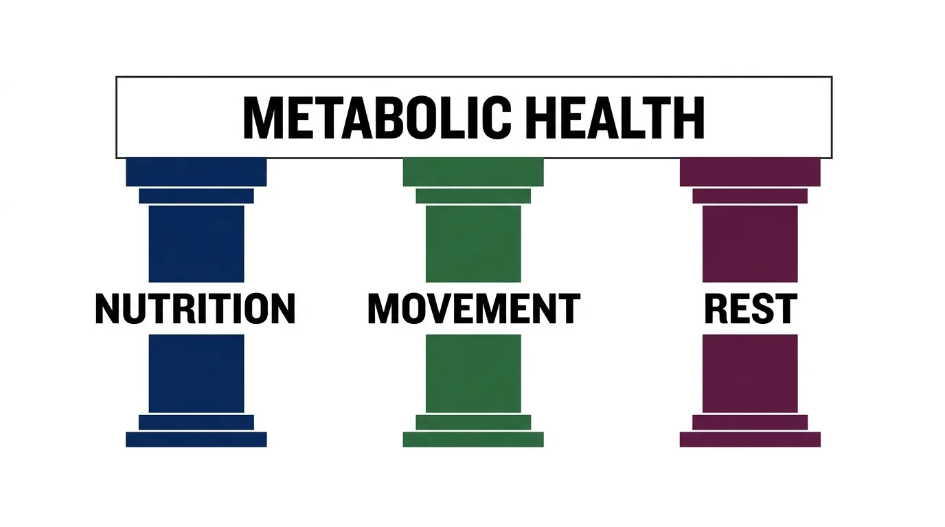 A diagram with three pillars representing nutrition, movement, and rest as the foundation of health.