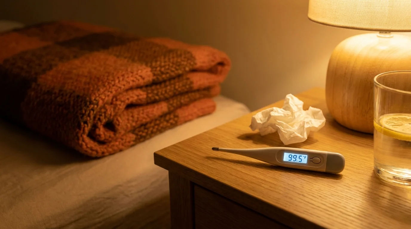 A digital thermometer on a bedside table showing 99.5 degrees Fahrenheit, representing a psychogenic fever.