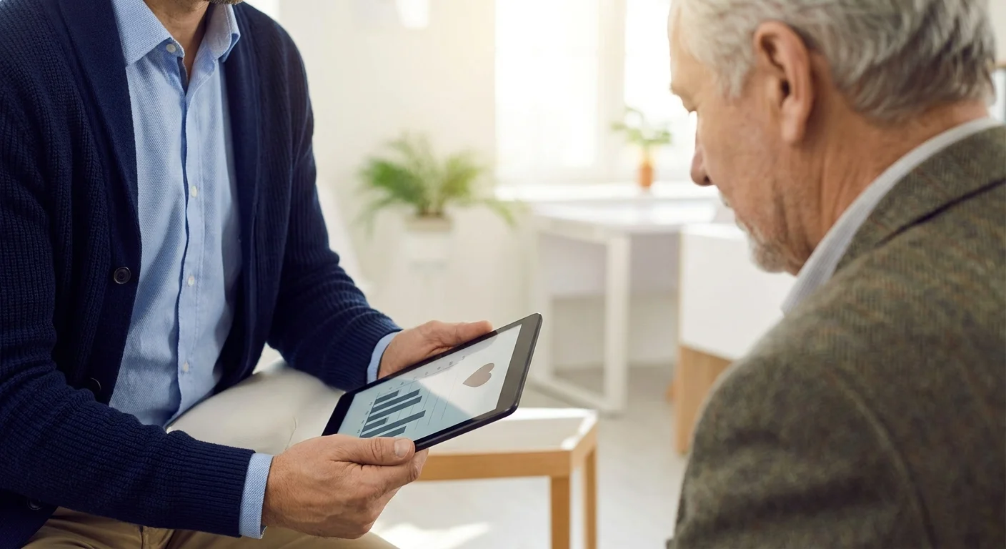 A doctor and senior patient review a medical chart together on a tablet, illustrating the collaborative nature of thyroid treatment.