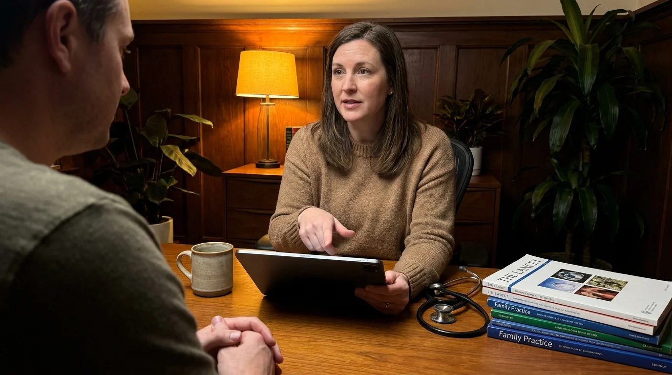 A doctor in a casual sweater talks with a patient in a warm, comfortable office, looking at a tablet together.