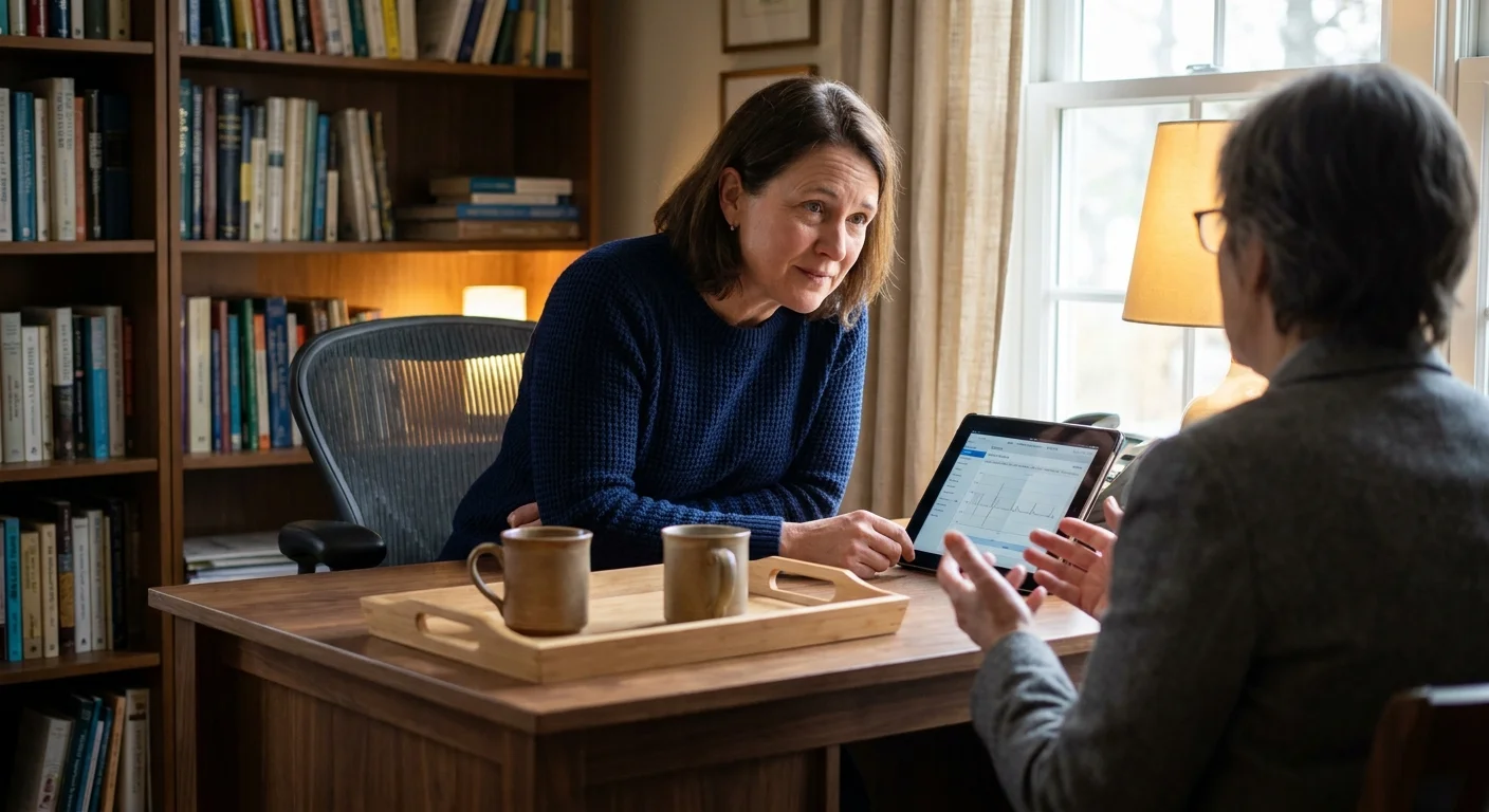 A doctor in a comfortable office setting listens intently to a patient during a consultation, creating a warm, trusting atmosphere.
