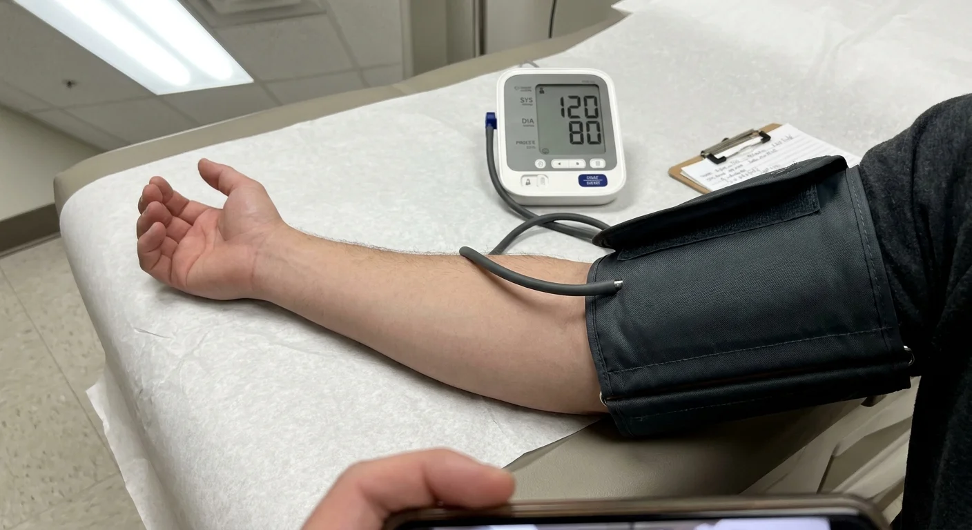 A first-person view of a blood pressure cuff on an arm with a digital monitor reading 120/80.