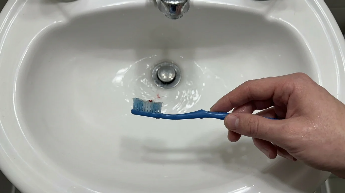 A first-person view of a toothbrush over a bathroom sink with a small amount of blood on the bristles.
