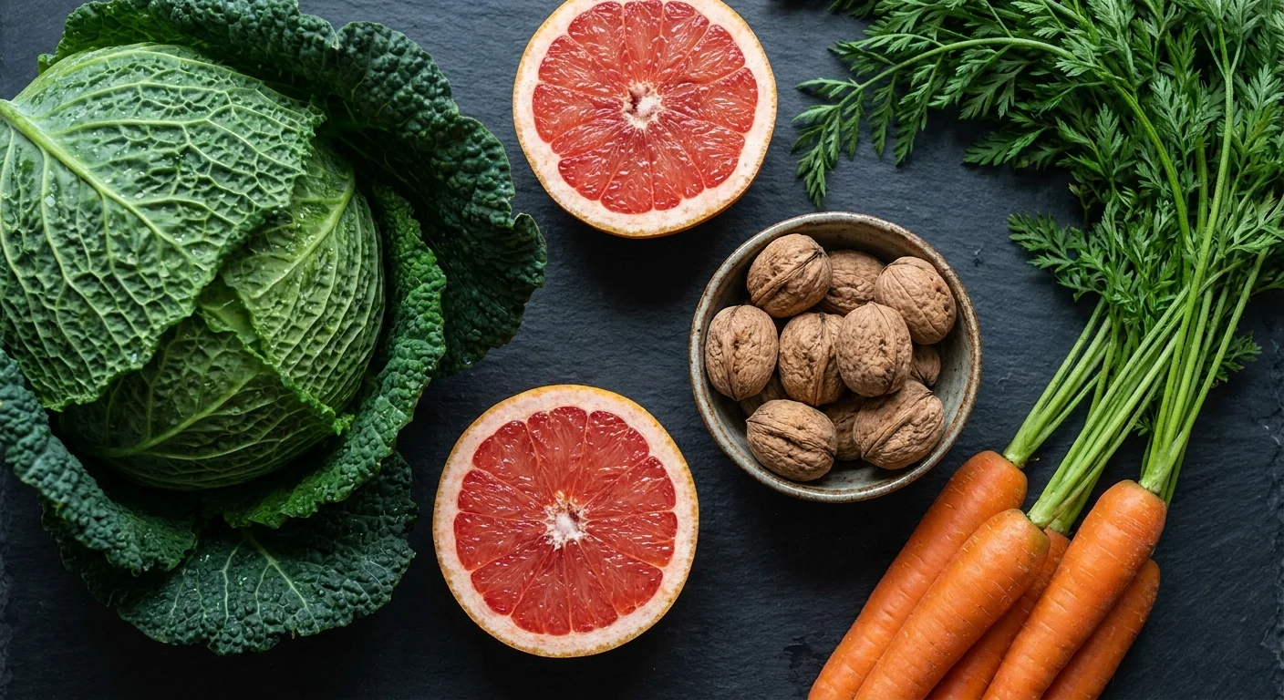 A flat-lay photograph of fresh kale, grapefruit, walnuts, and carrots on a dark slate surface, highlighting healthy whole foods.