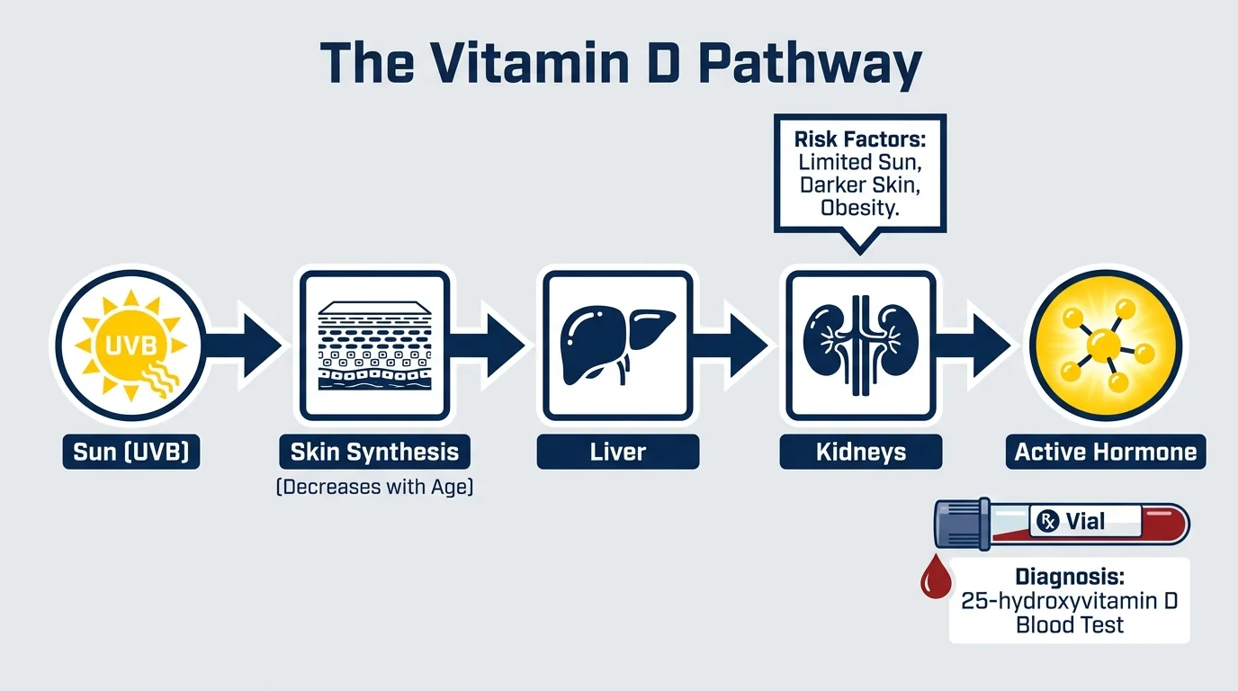 A flowchart showing how vitamin D is processed by the body from sunlight to the liver and kidneys.