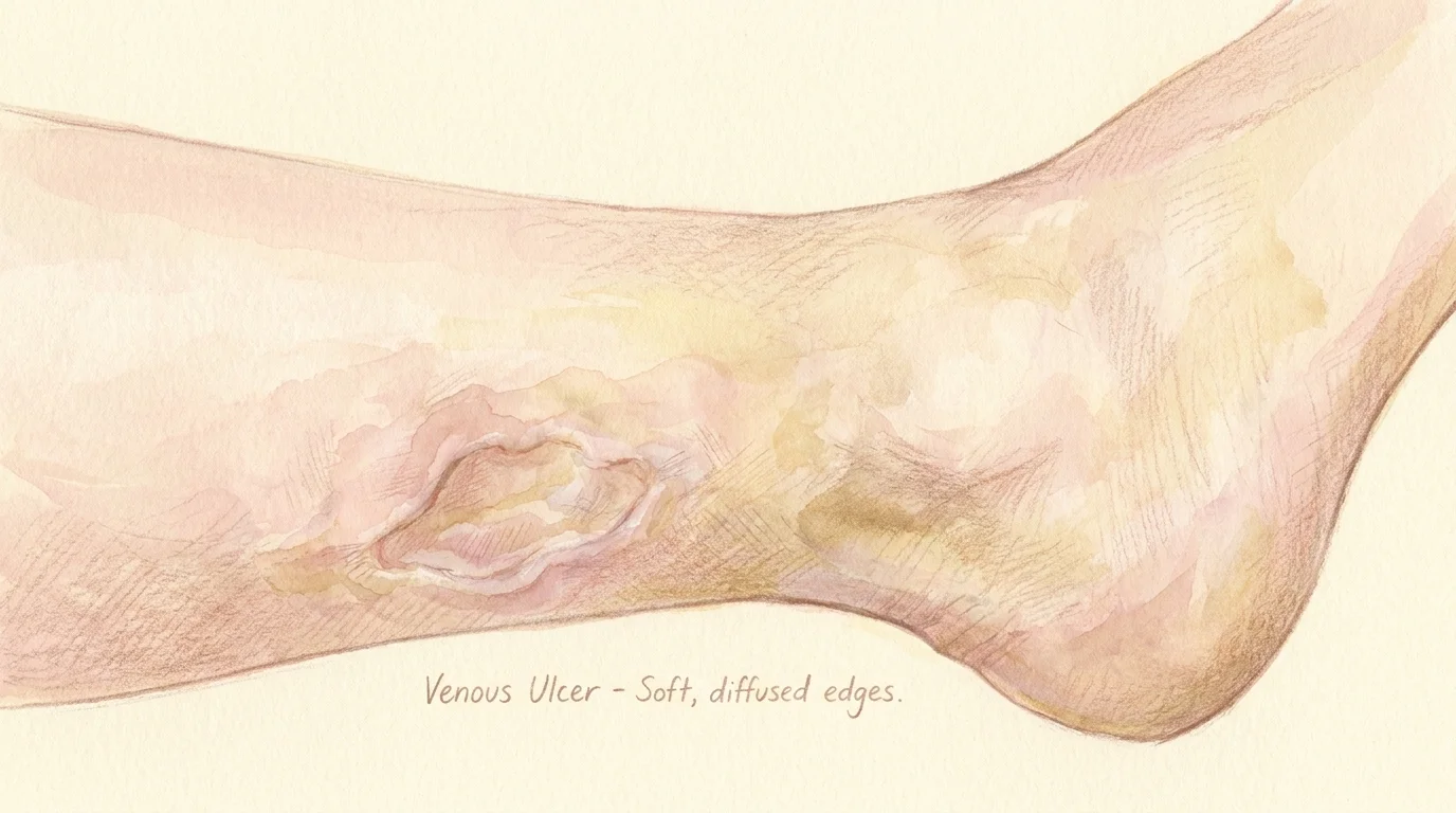 A gentle gouache illustration showing a slow-healing sore on the lower leg, indicating a venous ulcer.