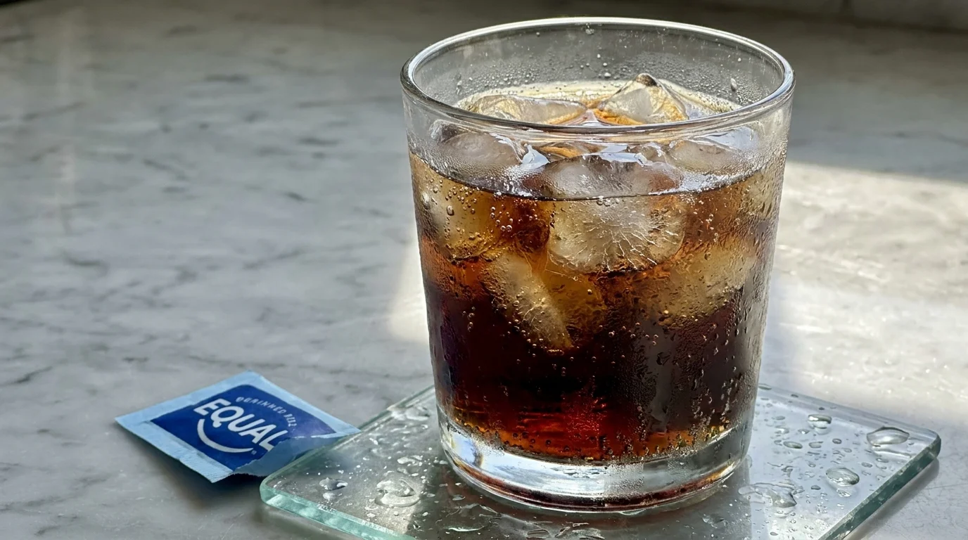 A glass of diet soda with ice next to an open packet of artificial sweetener on a marble counter.
