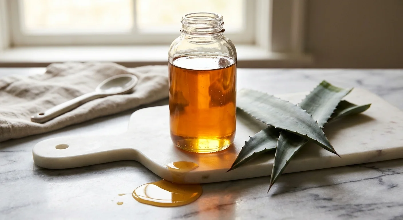 A golden bottle of agave nectar glowing in backlighting on a white marble surface.