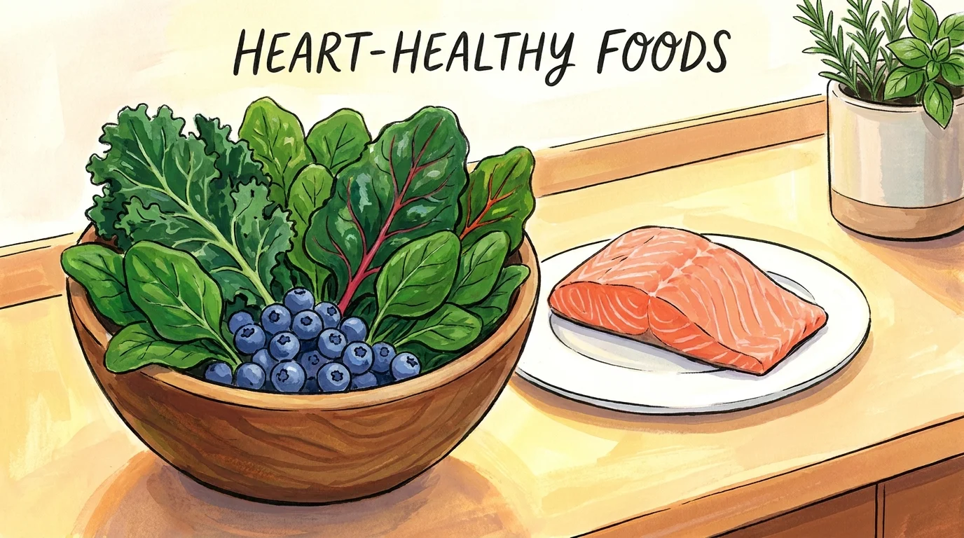 A gouache illustration of heart-healthy foods like leafy greens, berries, and salmon.