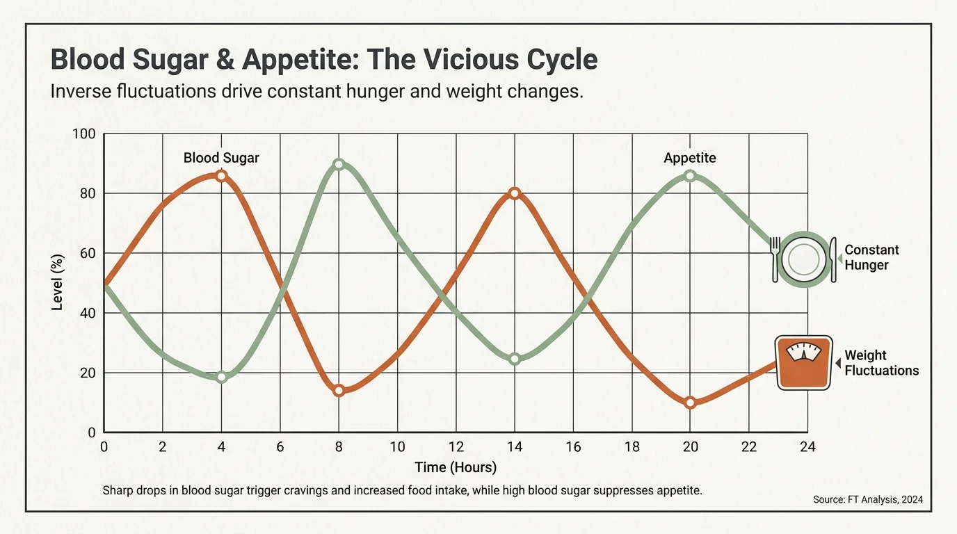 A graph showing the relationship between blood sugar spikes and increased appetite.