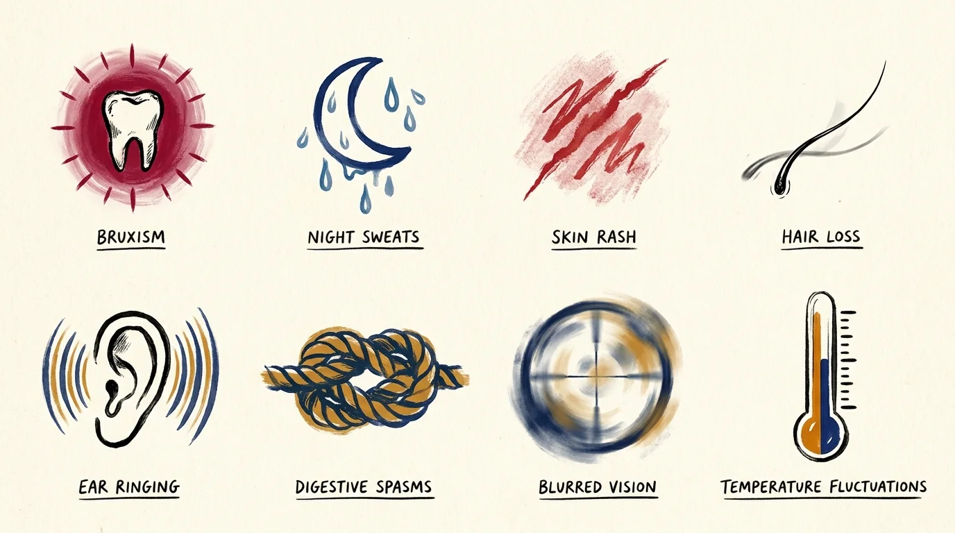 A grid of eight hand-drawn icons representing different physical stress symptoms like tooth pain, night sweats, and digestive issues.
