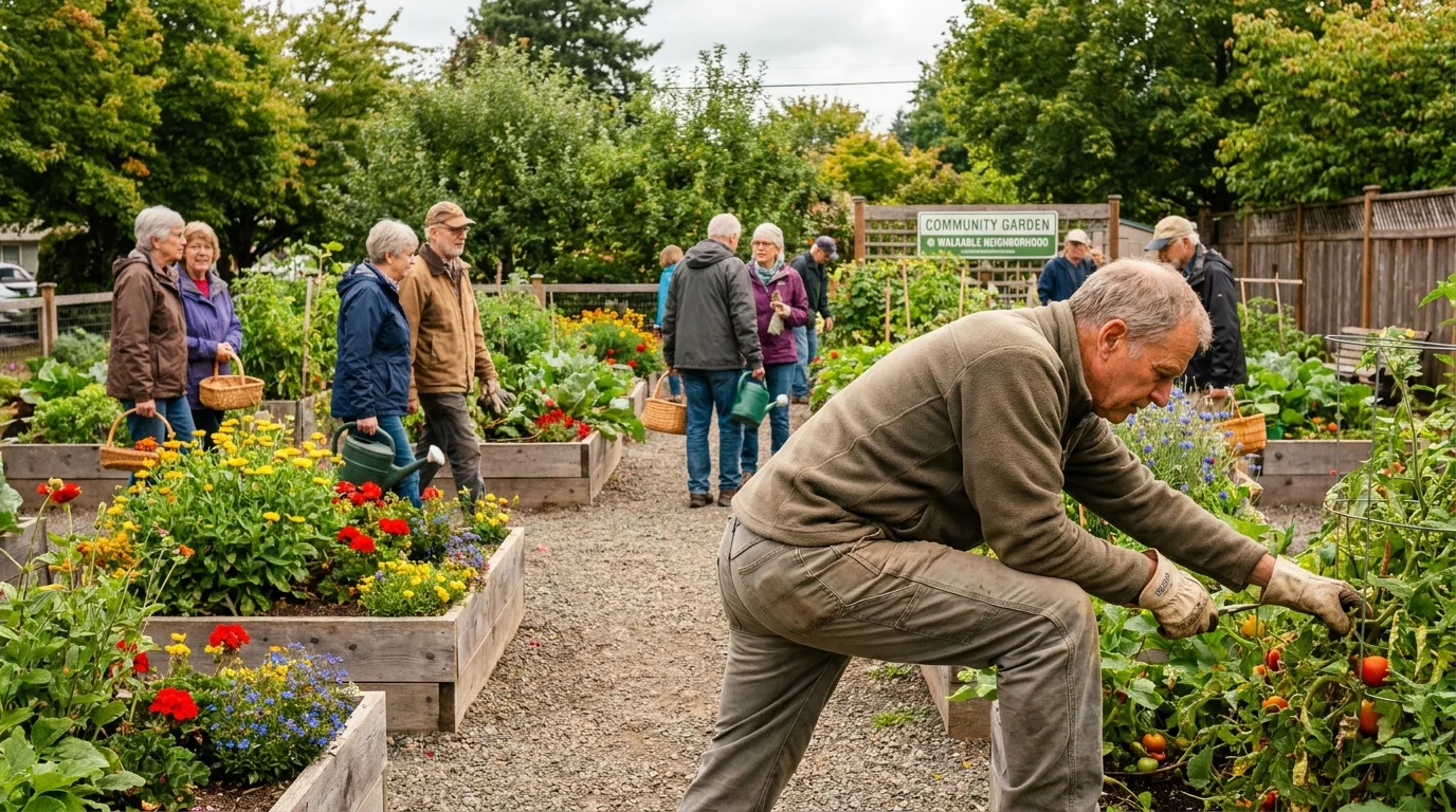 A group of active seniors gardening and walking in a lush community park, highlighting healthy lifestyle choices.