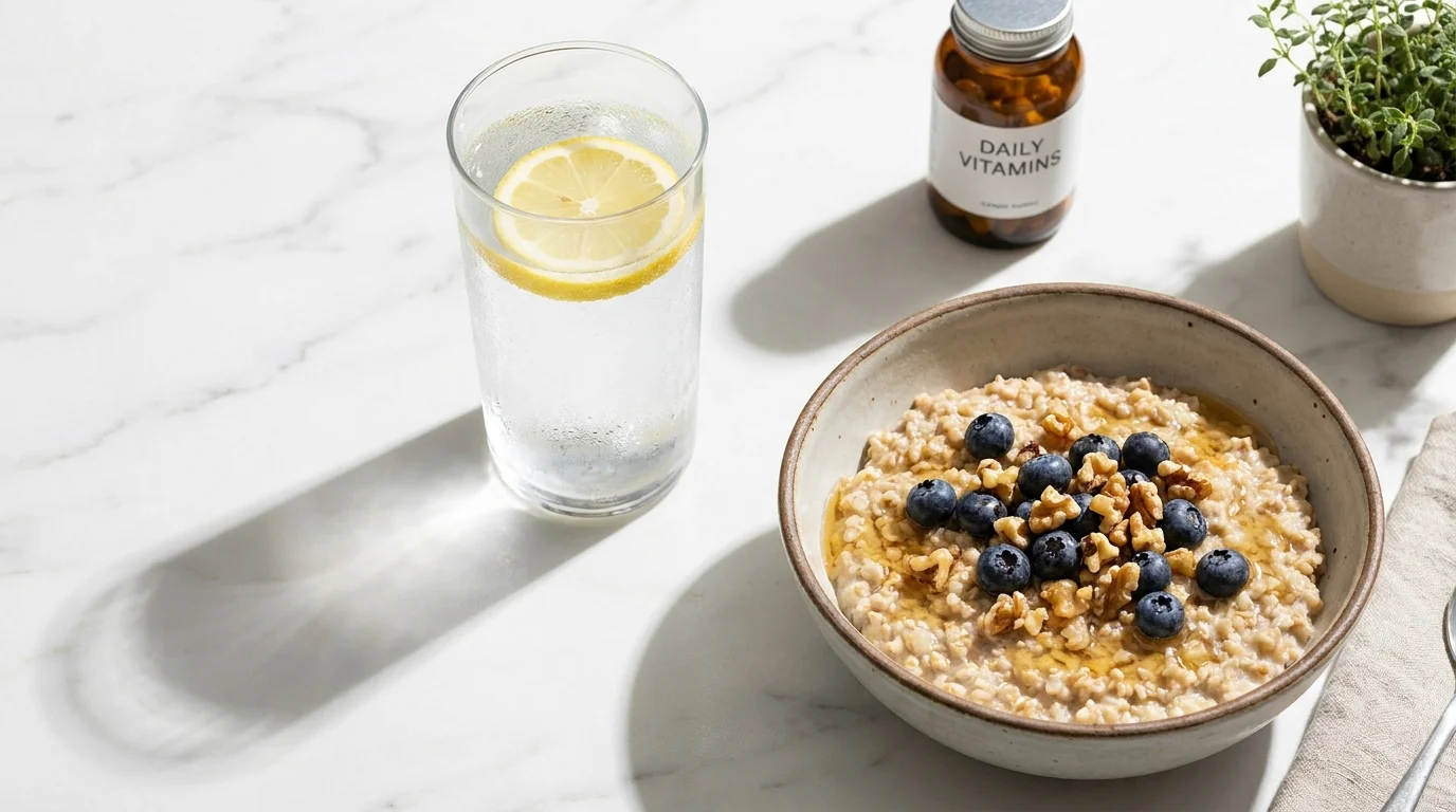 A healthy breakfast of oatmeal, berries, and lemon water on a marble counter in bright morning light.