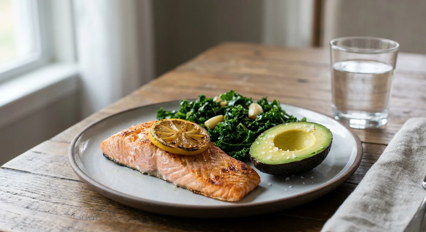 A healthy plate with grilled salmon, avocado, and sautéed kale in soft natural light.