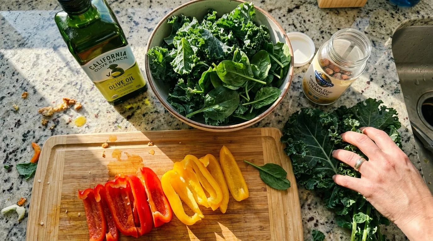 A high-angle photo of fresh vegetables and a vitamin container on a kitchen counter, showing the daily practice of healthy eating.