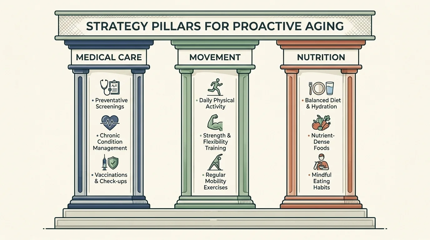 A horizontal diagram showing three pillars of proactive aging: Medical Care, Movement, and Nutrition.
