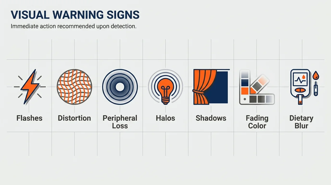 A horizontal infographic showing seven icons representing major eye health warning signs for seniors.