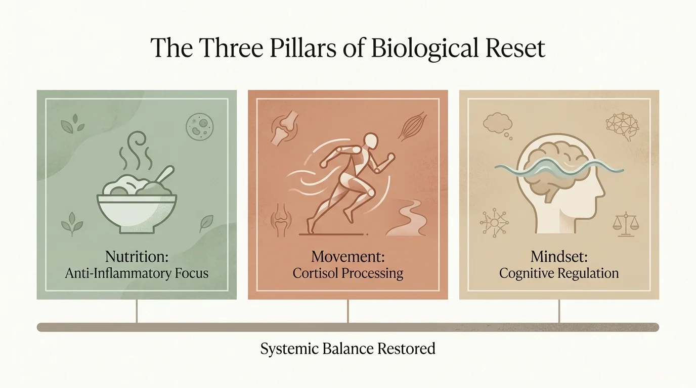 A horizontal infographic showing three pillars: Nutrition, Movement, and Mindset for biological stress reset.