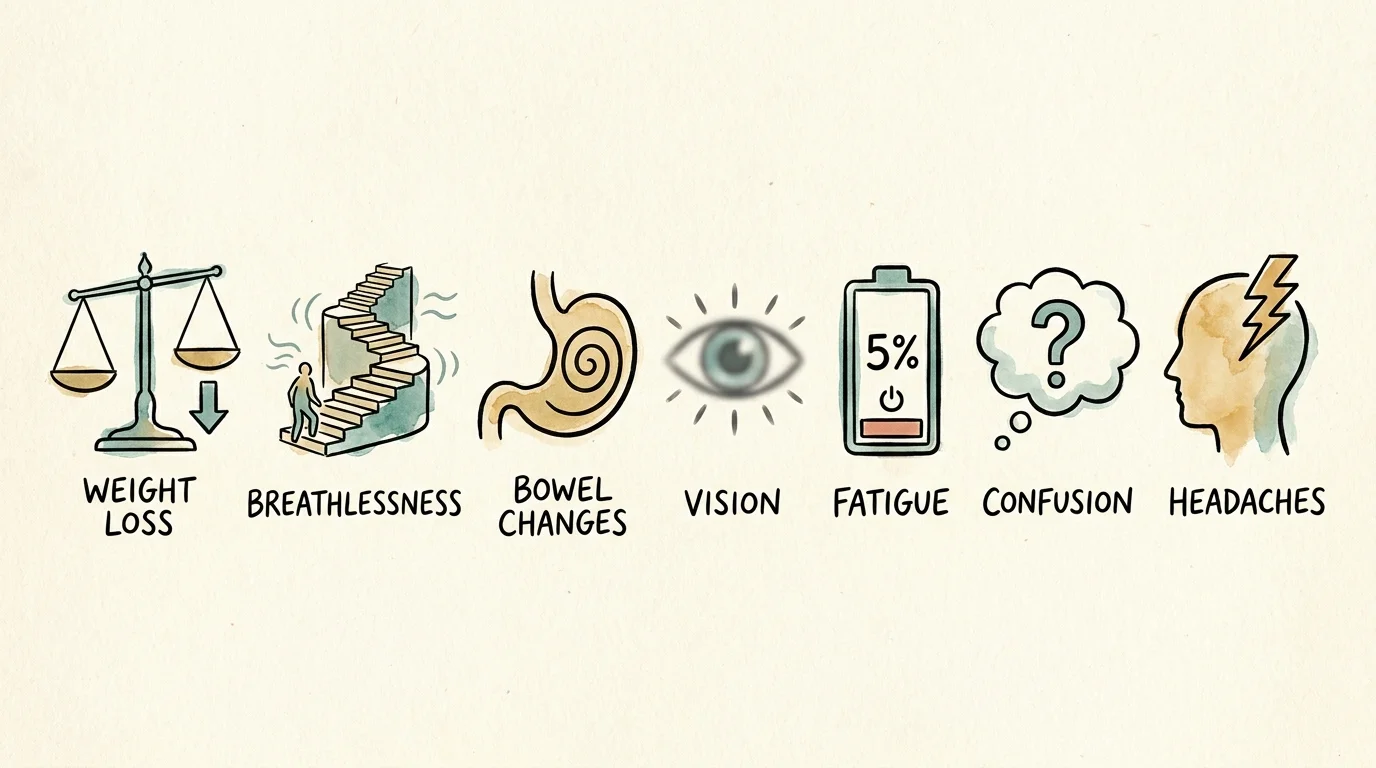 A horizontal row of seven hand-drawn icons representing critical medical red flags for seniors.
