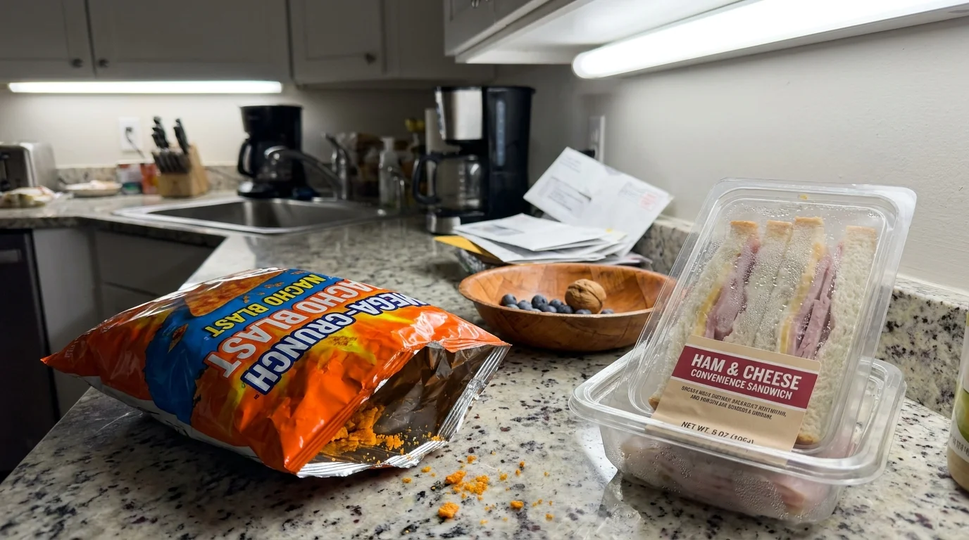 A kitchen counter with a bright bag of processed chips next to a small bowl of walnuts and berries, shot in a documentary style.