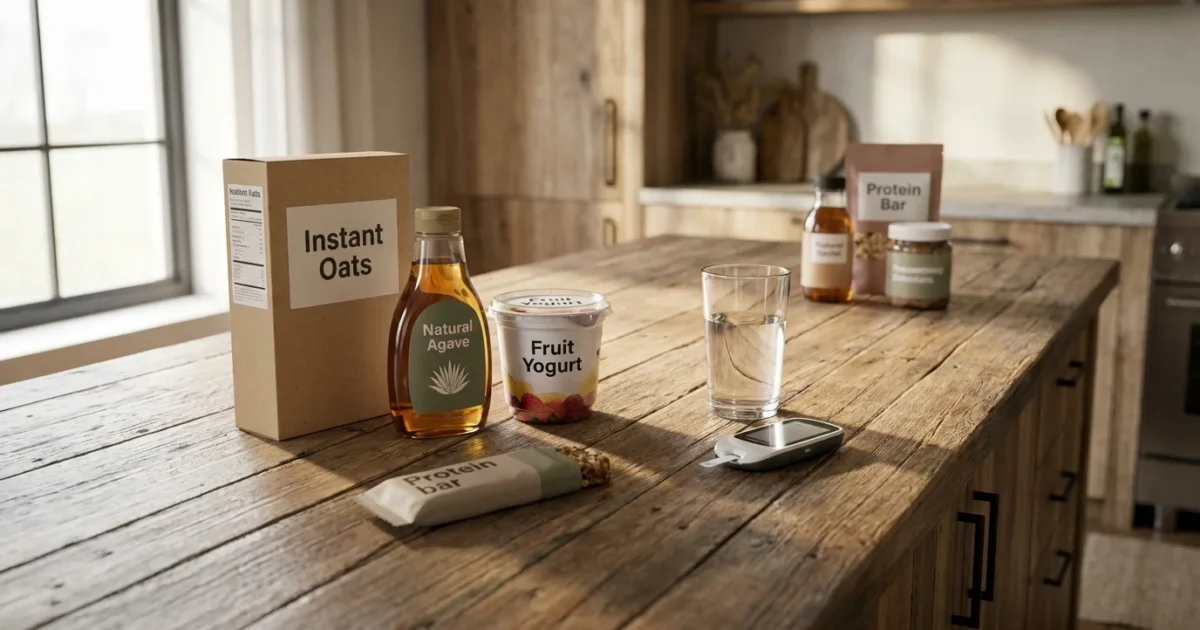 A kitchen counter with various health foods like oatmeal and yogurt surrounding a small glucose monitor in soft morning light.