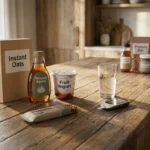 A kitchen counter with various health foods like oatmeal and yogurt surrounding a small glucose monitor in soft morning light.