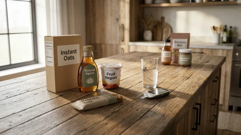 A kitchen counter with various health foods like oatmeal and yogurt surrounding a small glucose monitor in soft morning light.