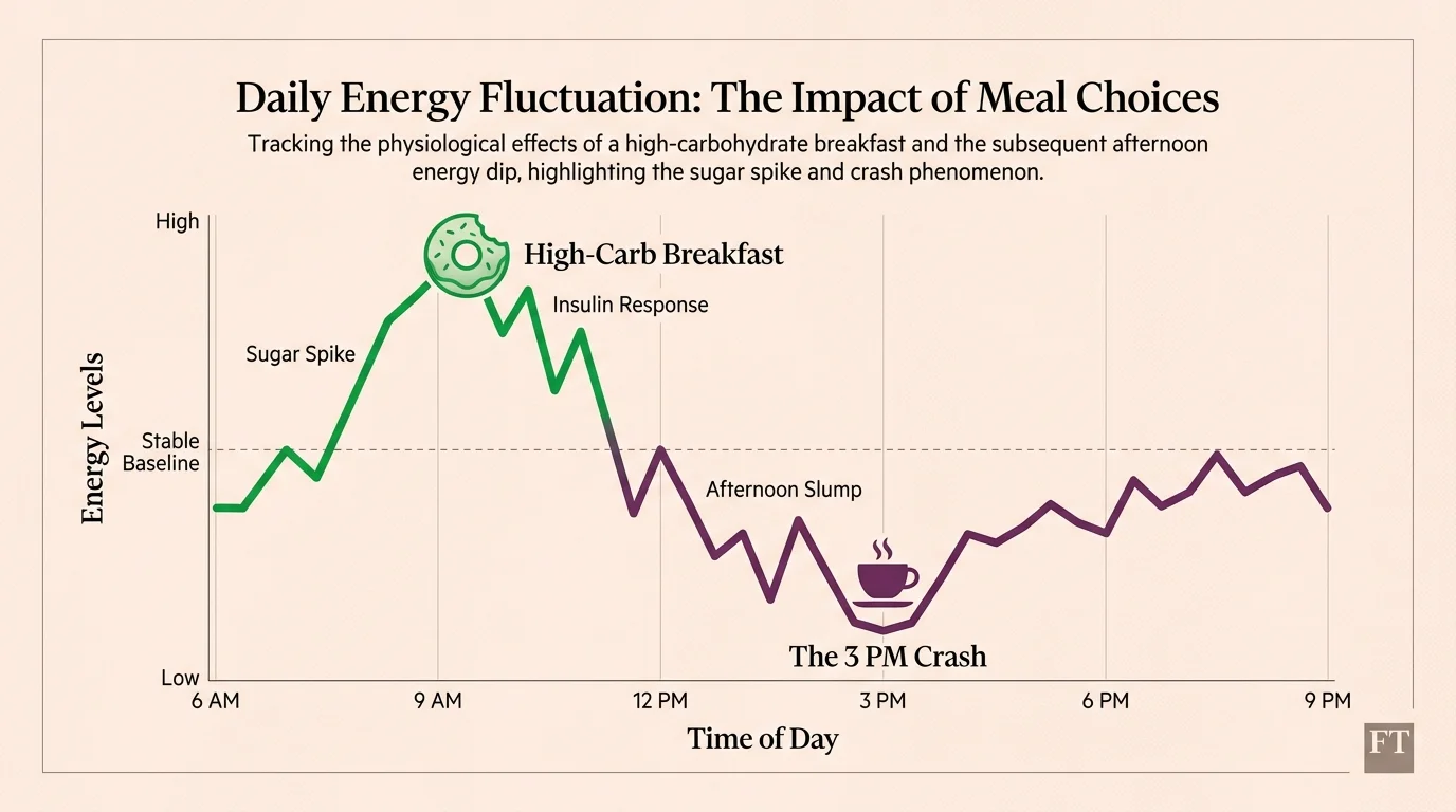 A line graph showing energy levels spiking after a high-carb meal and crashing in the afternoon.