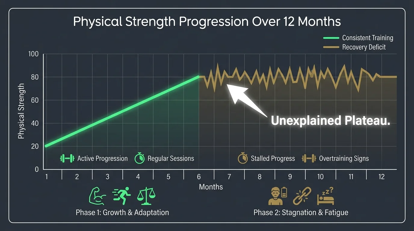 A line graph showing strength progress stalling into a flat plateau over time despite consistent training.