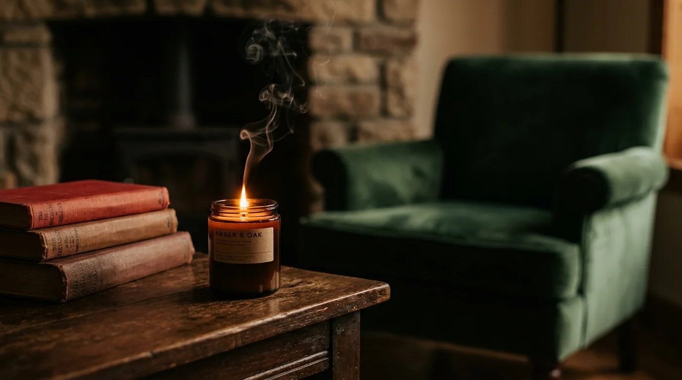 A lit candle on a side table with a wisp of smoke, symbolizing the continuous release of fragrance in a home.